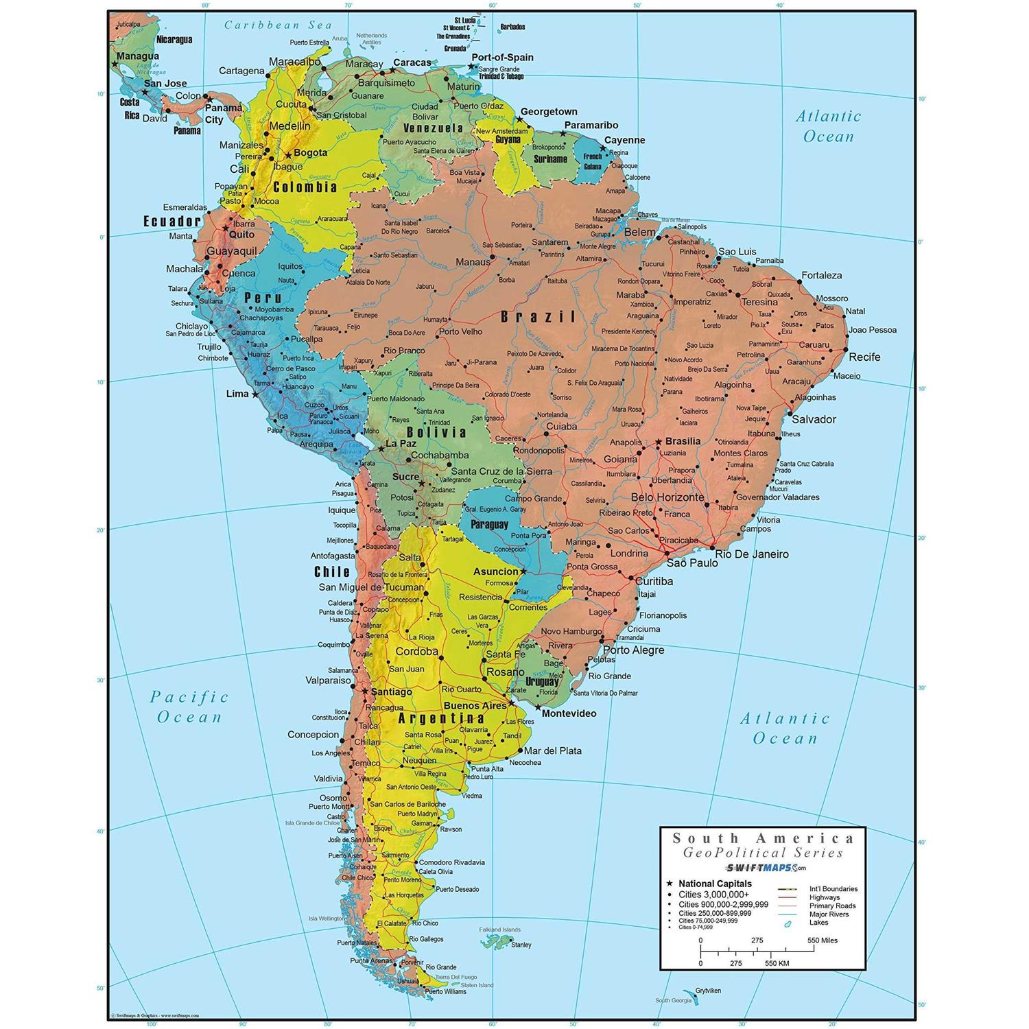 South America Wall Map GeoPolitical Edition by Swiftmaps - Home ...